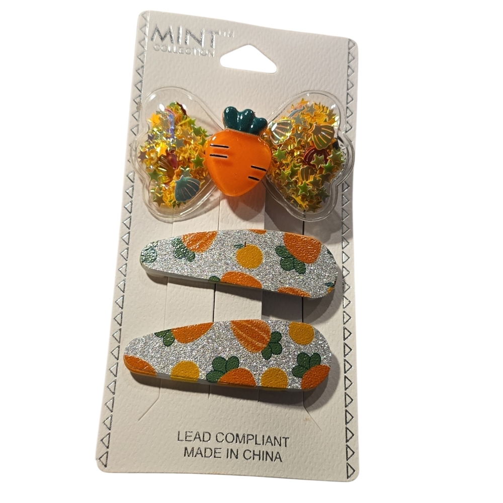 Kids Orange Carrot‎ & Glitter Hair Clips Set
